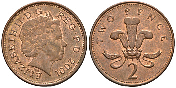 Великобритания 2 пенса 2001 Елизавета II (1952-2022) KM 987, Spink 4690 (C5) сталь плакированная медью 177-746