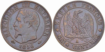 ФРАНЦИЯ 5 САНТИМОВ 1856 A, НАПОЛЕОН III (1852-1870) KM 777.1, LE FRANC 116.30 бронза 108-411