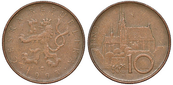 Чехия 10 крон 1993 кафедральный собор, город Брно KM 4 сталь плакированная медью 51-2937