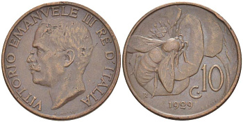 ИТАЛИЯ 10 ЧЕНТЕЗИМО 1929 R, МОНДВОР РИМ, ВИКТОР ЭММАНУИЛ III (1900-1946) KM 60 медь 4525-315