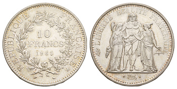 Франция 10 франков 1965 A, Геракл с богинями равенства и братства KM 932, Le Franc 364/3 серебро UNC 443-1643