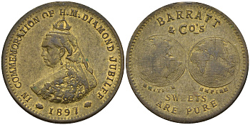 Великобритания медаль шейная 1897 бриллиантовый юбилей королевы Виктории, кондитерская компания BARRATT& CO, сладости чисты  латунь    4603-214