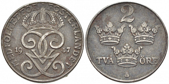 Швеция 2 эре 1947 Густав V (1907-1950) KM 811 железо 4402-321