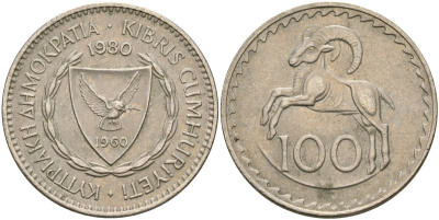 Кипр 100 милсов 1980 европейский муфлон KM 42 медно-никель 4168-641