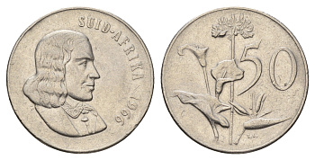 ЮАР 50 центов 1966 Ян ван Рибек (1619-1677), Suid Africa, легенда на африкаанс, Зантедеския Эллиота (калла) KM 70.2 никель 4693-822