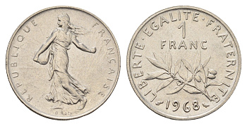 Франция 1 франк 1968 KM 925 никель 4628-935