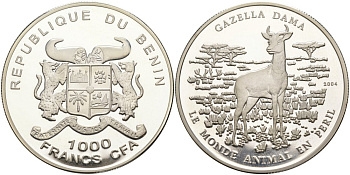 Бенин 1000 франков 2004 газель, тираж 5000 экз. серебро PROOF 00-000-00