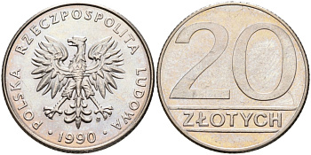 Польша 20 злотых 1990 MW KM 153.2, Parchimowicz 255b медно-никель 59-1531