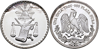 МЕКСИКА 1 УНЦИЯ ND ВЕСЫ ПРАВОСУДИЯ, ДИАМЕТР 40 ММ., ВЕС 1 ТРОЙСКАЯ УНЦИЯ серебро PROOF 00-00