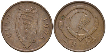 Ирландия 1/2 пенни 1975 мифологическая птица лира KM 19 бронза 4596-1055