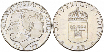 Швеция 1 крона 1977 Карл XVI Густав (1973- ) KM 852 медь плакированная медно-никелем 77-637
