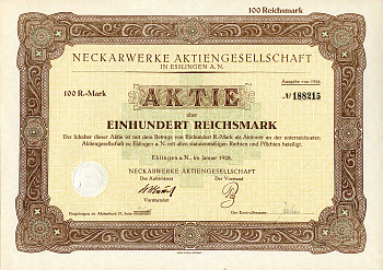 Германия 100 рейхсмарок 1928 АО Неккарверке в Эсслингене, акция   бумага   8801-71-1