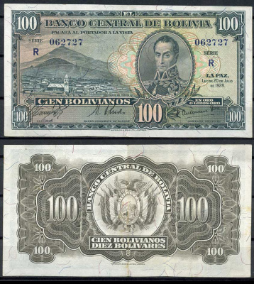 Боливия 100 боливиано 1928 серия R, Симон Боливар Pick 133 (3)  бумага   451-350-2
