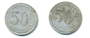 ФРАНЦИЯ 50 САНТИМОВ НАЧАЛО XX ВЕКА d 24 мм, вес около 1,0 гр., платежный жетон., платежный жетон алюминий 89-1034