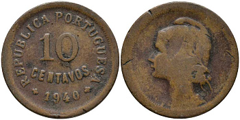 ПОРТУГАЛИЯ 10 СЕНТАВО 1940 РЕСПУБЛИКА, ГОЛОВА СВОБОДЫ ВЛЕВО КМ 573 бронза 202-327