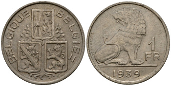 Бельгия 1 франк 1939 Belgique - Belgie KM 119 никель 4603-1237