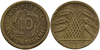 Германия 10 рентенпфеннигов 1924 G KM 33, J. 309 алюминиевая бронза 4156-432