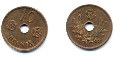ФИНЛЯНДИЯ 10 ПЕННИ 1942 KM 33.1 медь 51-4967