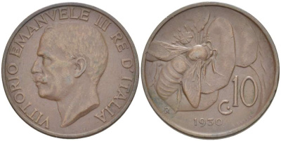 ИТАЛИЯ 10 ЧЕНТЕЗИМО 1930 R, МОНДВОР РИМ, ВИКТОР ЭММАНУИЛ III (1900-1946) KM 60 медь 4525-317