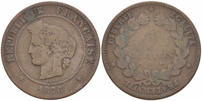ФРАНЦИЯ 5 САНТИМОВ 1876 А, ТРЕТЬЯ РЕСПУБЛИКА (1871-1940) KM 821.1, LE FRANC 118.14 бронза 108-621