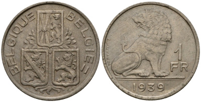 Бельгия 1 франк 1939 Belgique - Belgie KM 119 никель 4603-1237