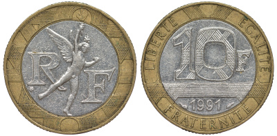 Франция 10 франков 1991 тип Гений Бастилии KM 964.1, Le Frank 375.6 биметалл 45-825