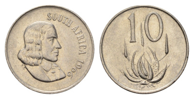 ЮАР 10 центов 1966 Ян ван Рибек (1619-1677), South Africa, легенда на африкаанс, цветок алоэ KM 68.1 никель 4687-327