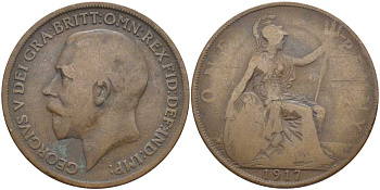 Великобритания 1 пенни 1917 Георг V (1910-1936) KM 810, Spink 4051 бронза 111-1244