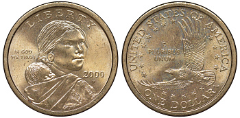 США 1 доллар 2000 Р, индианка Сакагавея KM 310 медь с марганцево-латунным покрытием aUNC 4531-225
