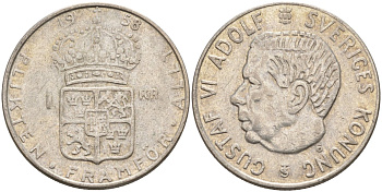 Швеция 1 крона 1958 TS, Густав VI Адольф (1950-1973) KM 826 серебро 4148-1157