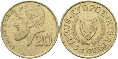 Кипр 20 центов 1993 KM 62.2 никель латунь 4140-826