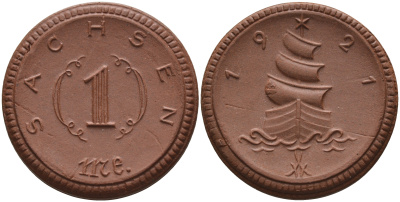 Саксония 1 марка 1921 парусник J. N 55 фарфор 1094-3-54