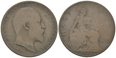 Великобритания 1/2 пенни 1906 Эдуард VII (1901-1910) KM 793.2, Spink 3991 бронза 4616-716