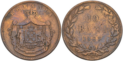 Румыния 10 бани 1867 монетный двор Watt&Co, Кароль I как принц (1866-1881) KM 4.2 медь 93-514