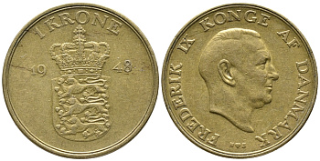 ДАНИЯ 1 КРОНА 1948 N; S, ФРЕДЕРИК IX (1947-1972) KM 837.1 алюминиевая бронза 32-314
