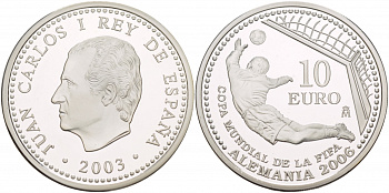 Испания 10 евро 2003 чемпионат мира по футболу в Германии 2006, вратарь, гол KM 1076 серебро PROOF 1088-5-62