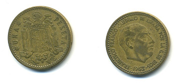 ИСПАНИЯ 1 ПЕСЕТА 1963 (65) ФРАНСИСКО ФРАНКО ДИКТАТОР ИСПАНИИ (1939-1975) KM 775 алюминиевая бронза 4364-1011