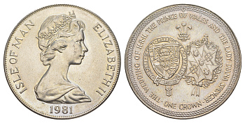 Остров Мэн 1 крона 1981 Свадьба Принца Чарльза и Леди Дианы, гербы KM 81 медно-никель BU 1083-5-32