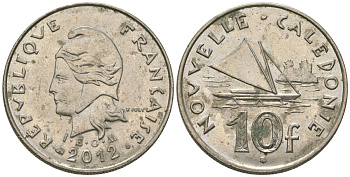 Французская Новая Каледония 10 франков 2012 рыбачья парусная лодка, (IEOM) KM 11a, Schoen 13a, Lec 99k медно-никель 65-851