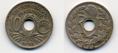 ФРАНЦИЯ 10 САНТИМОВ 1926 ТИП ЛИНДАЙЁ KM 866а, LE FRANC 138.13 медно-никель 4388-844