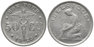 БЕЛЬГИЯ 50 САНТИМОВ 1923 BELGIQUE KM 87 никель 4387-657