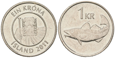Исландия 1 крона 2011 треска KM 27a сталь плакированная никелем UNC 4618-435