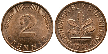 ФРГ 2 ПФЕННИГА 1995 А KM 106a, J.381a сталь плакированная сталь плакированная медьюю 83-836