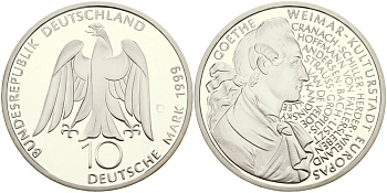 ФРГ 10 марок 1999 F, 250 лет со дня рождения Иоганна Гете KM 197 серебро PROOF 04-137-23