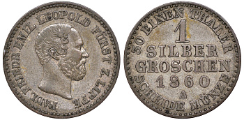 Липпе 1 грош 1860 Леопольд III (1851-1875) KM 265, Jaeger 14, AKS 18 серебро    413-6813