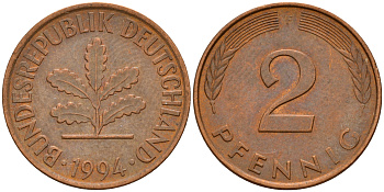 ФРГ 2 пфеннига 1994 F J.381a, KM 106a сталь плакированная медью    4598-935