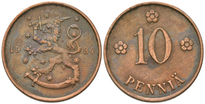 Финляндия 10 пенни 1934 KM 24 медь 4589-125