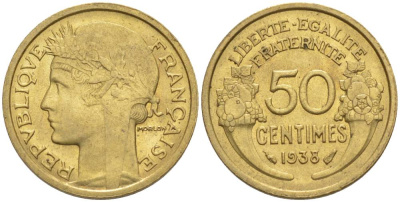 ФРАНЦИЯ 50 САНТИМОВ 1938 ТИП MORLON KM 894.1, LE FRANC 192.14 алюминиевая бронза 44-749