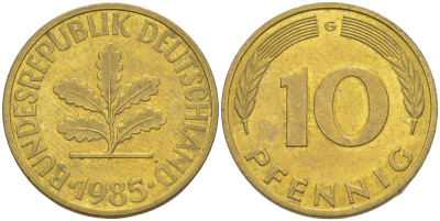ФРГ 10 ПФЕННИГОВ 1985 G KM 108, J. 383 сталь плакированная латунью 4182-943