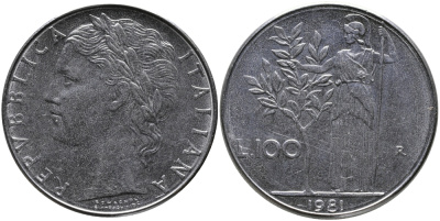 ИТАЛИЯ 100 ЛИР 1981 R, АФИНА KM 96.1 нержавеющая сталь 97-613